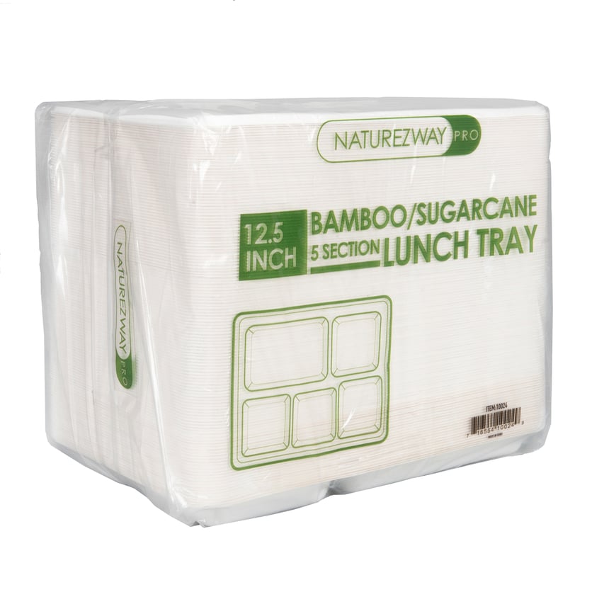 Naturezway Compostable Bamboo/Sugarcane 5-Compartment School Tray, White, 500/case