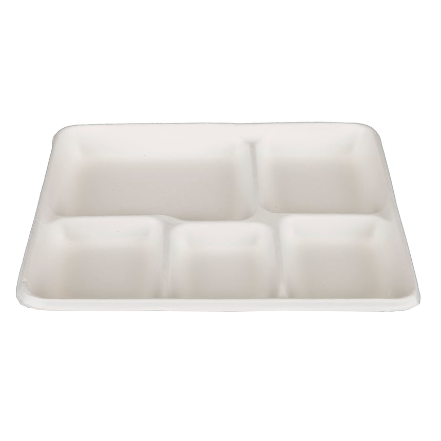 Naturezway Compostable Bamboo/Sugarcane 5-Compartment School Tray, White, 500/case