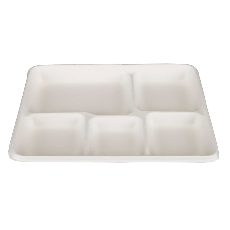 Naturezway Compostable Bamboo/Sugarcane 5-Compartment School Tray, White, 500/case