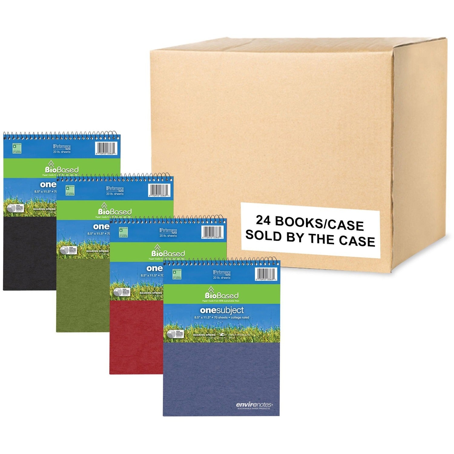 Roaring Spring Environotes College Ruled 1 Subject Recycled Topbound Spiral Notebook, 8.5" x 11.5" 70 Sheets, Assorted Earthtone Covers - 24 per Carton