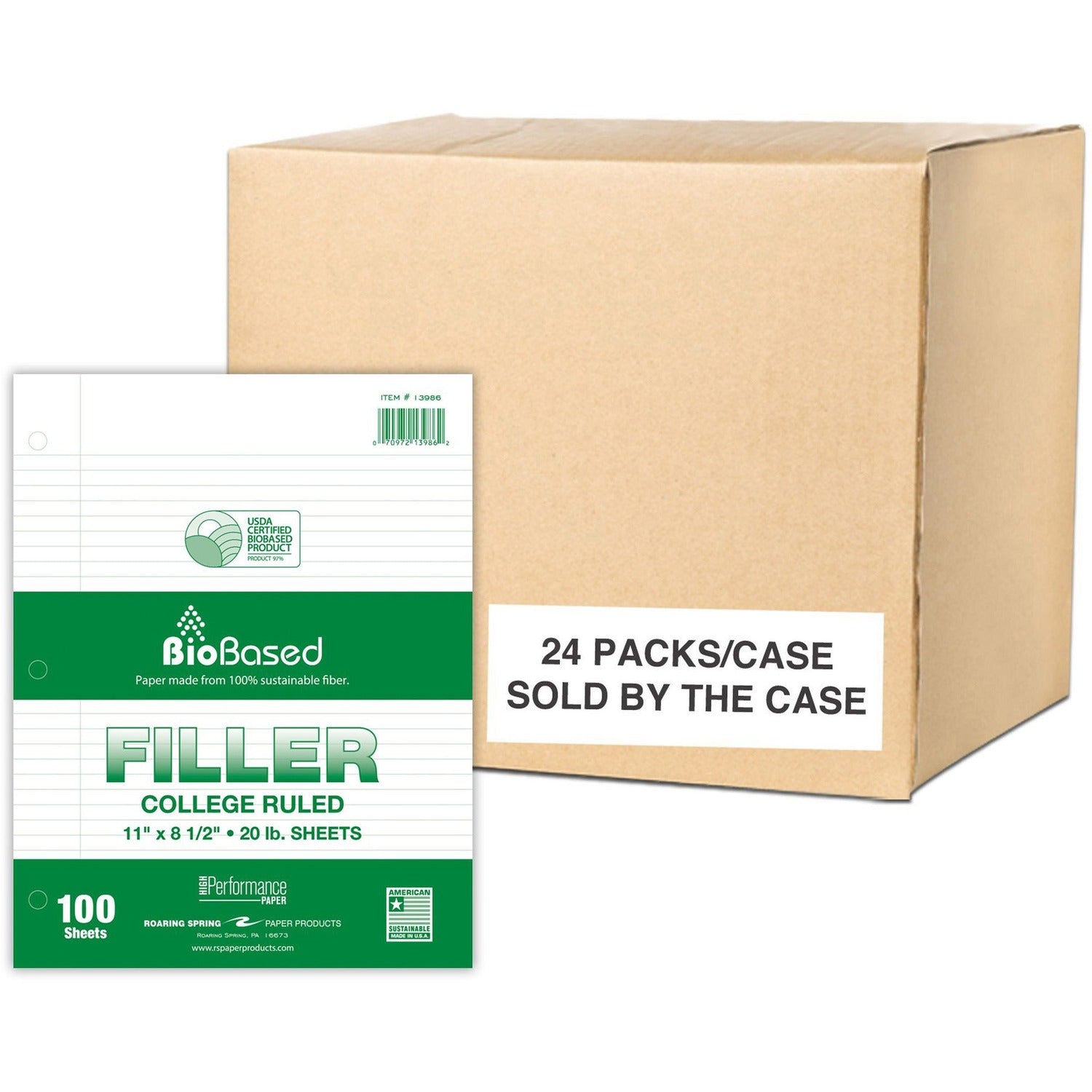 Roaring Spring BioBased College Ruled Recycled Loose Leaf Filler Paper, USDA Certified, 11" x 8.5" 100 Sheets, White Paper - 24 per Carton