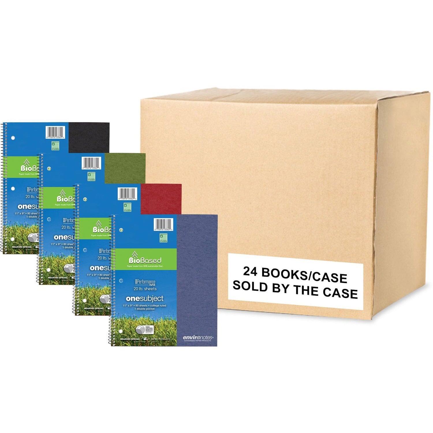 Roaring Spring Environotes College Ruled 1 Subject Recycled Spiral Notebook, 11" x 9" 80 Sheets, Assorted Earthtone Covers - 24 per Carton