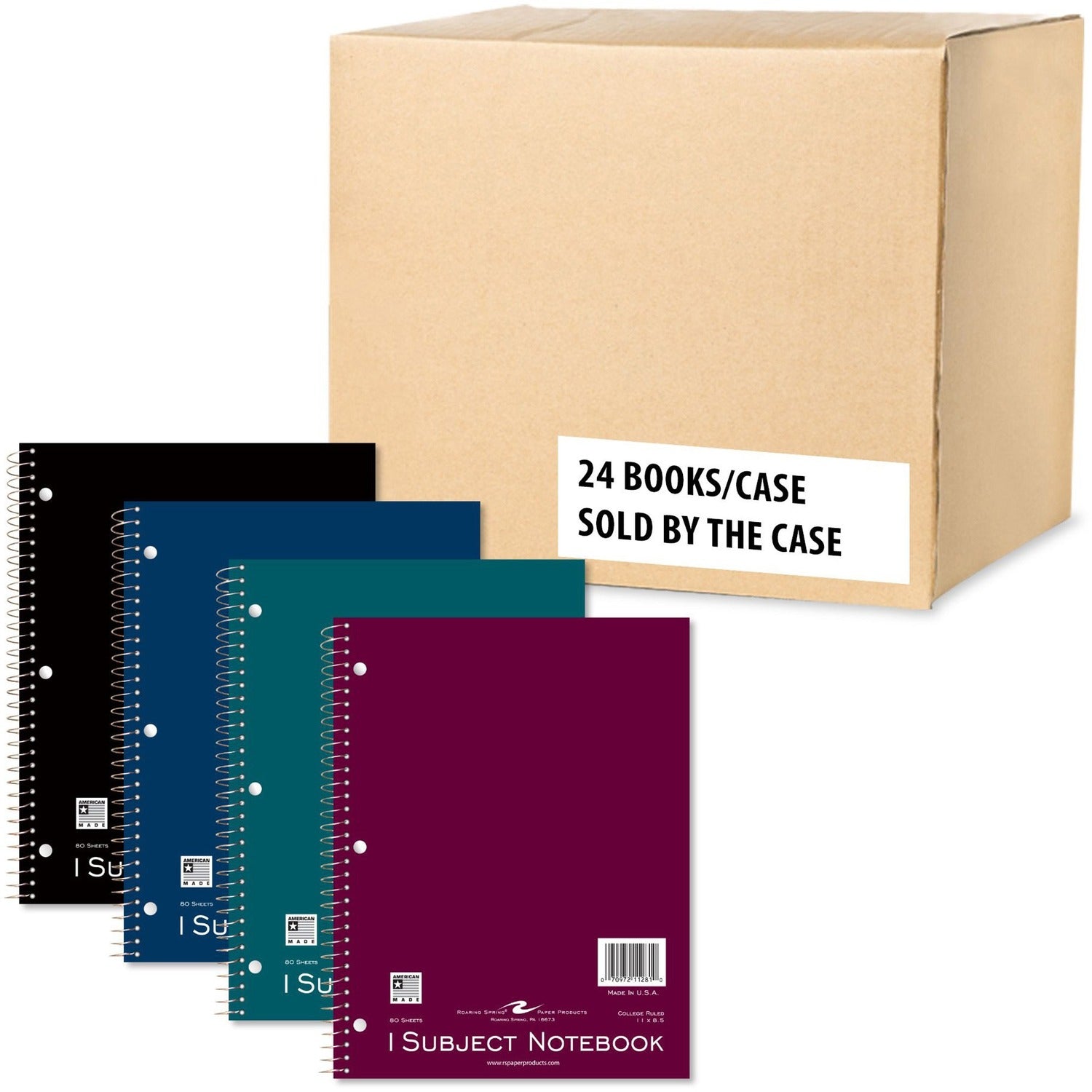Roaring Spring College Ruled One Subject Spiral Notebook, 3 Hole Punched, 11" x 8.5" 80 Sheets, Assorted Colors - 24 per Carton