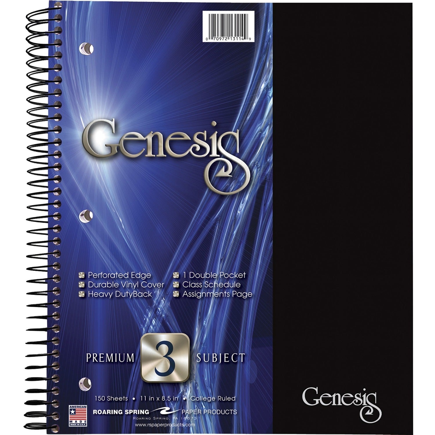 Roaring Spring Genesis College Ruled 3 Subject Spiral Notebook with Double Pocket, 11" x 9" 150 Sheets, Assorted Colors - 12 per Carton