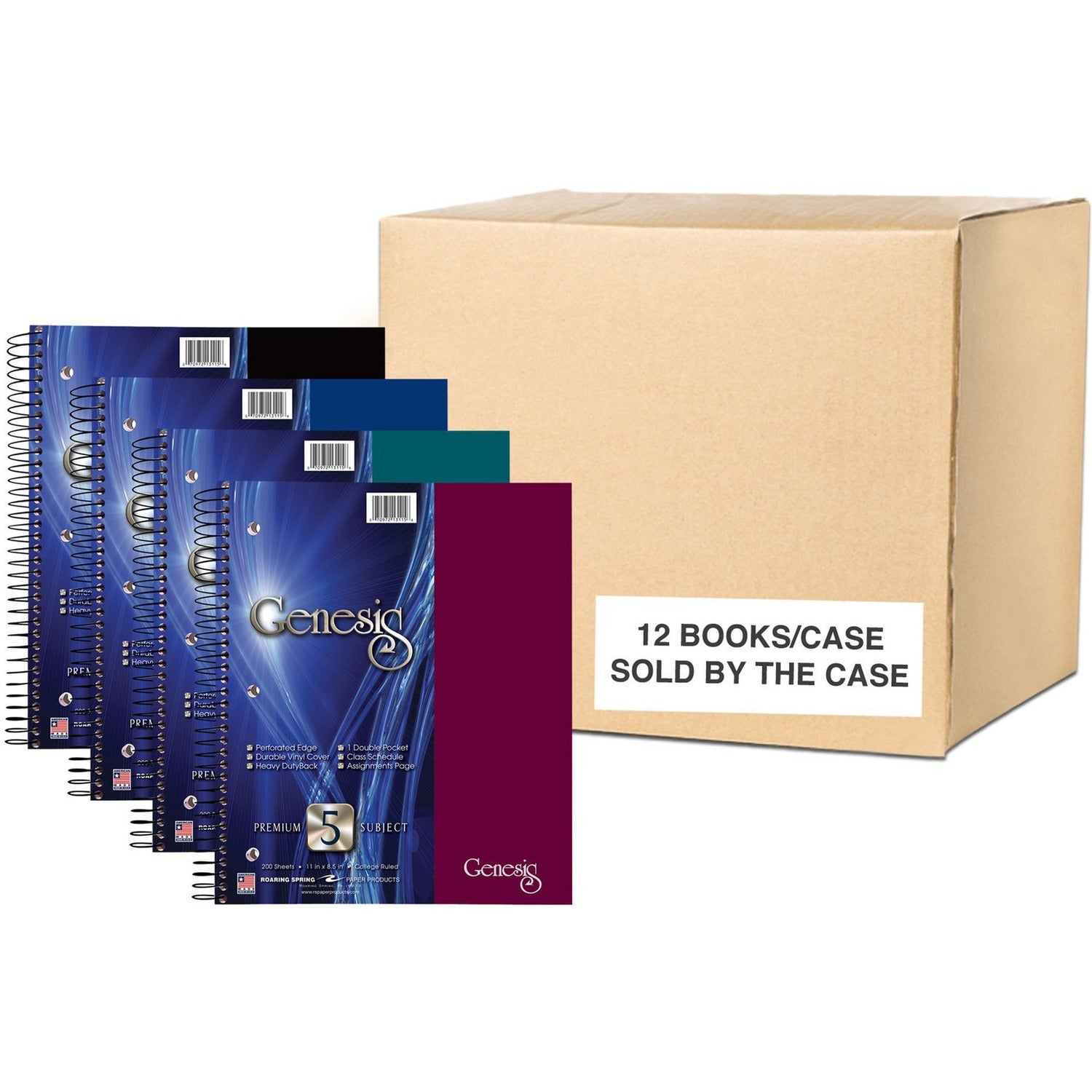 Roaring Spring Genesis College Ruled 5 Subject Spiral Notebook with Double Pocket, 11" x 9" 200 Sheets, Assorted Colors - 12 per Carton