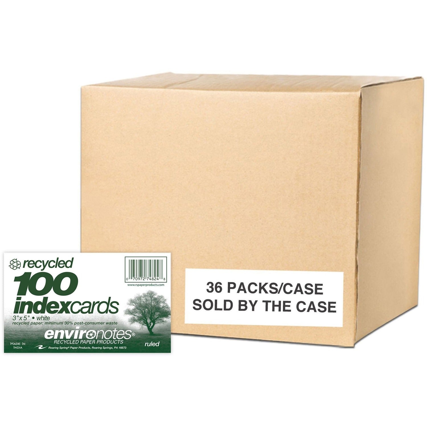 Roaring Spring Environotes Ruled Index Cards (100 Count), 3" x 5" , White - 36 per Carton