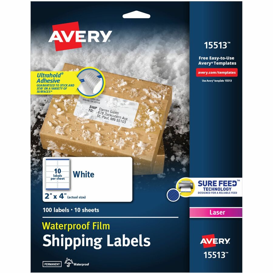 Avery Waterproof Shipping Labels with Sure Feed & TrueBlock, 2" x 4", 100 White Labels (15513)