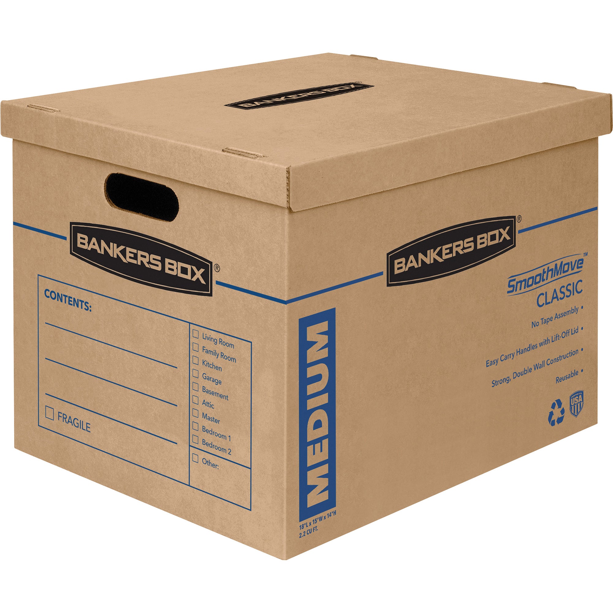 Wholesale Bankers Boxes: Discounts on Fellowes Bankers Box&reg; SmoothMove&trade; Classic Moving Boxes, Medium Size, Lift-Off Lid, Kraft, 14"H x 15"W x 18"D, 8 / Pack FEL7717201