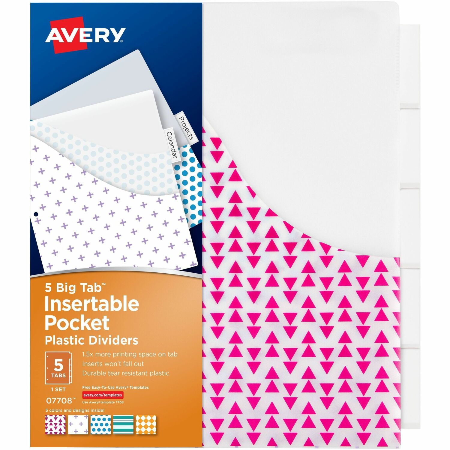 Avery Big Tab Insertable Plastic Dividers with Pockets, 5-Tab Set, Assorted Designs (07708)