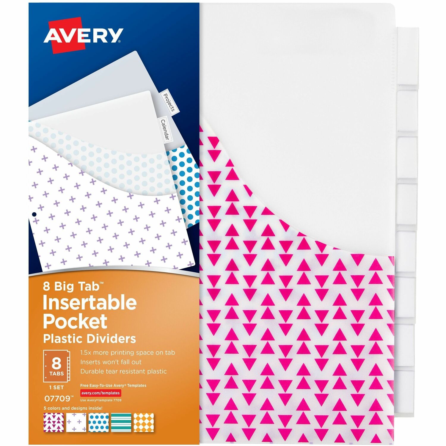 Avery Big Tab Insertable Plastic Dividers with Pockets, 8-Tab Set, Assorted Designs ( 07709)