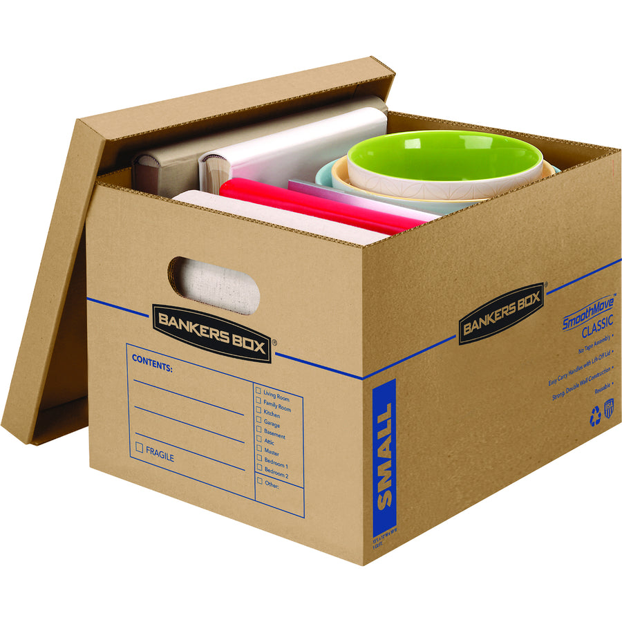 SmoothMove Classic Small Moving Boxes, 15l x 12w x 10h, Kraft/Blue, 15/Carton