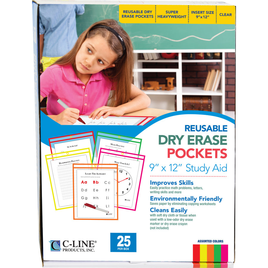 Reusable Dry Erase Pockets, 9 x 12, Assorted Neon Colors, 25/Box