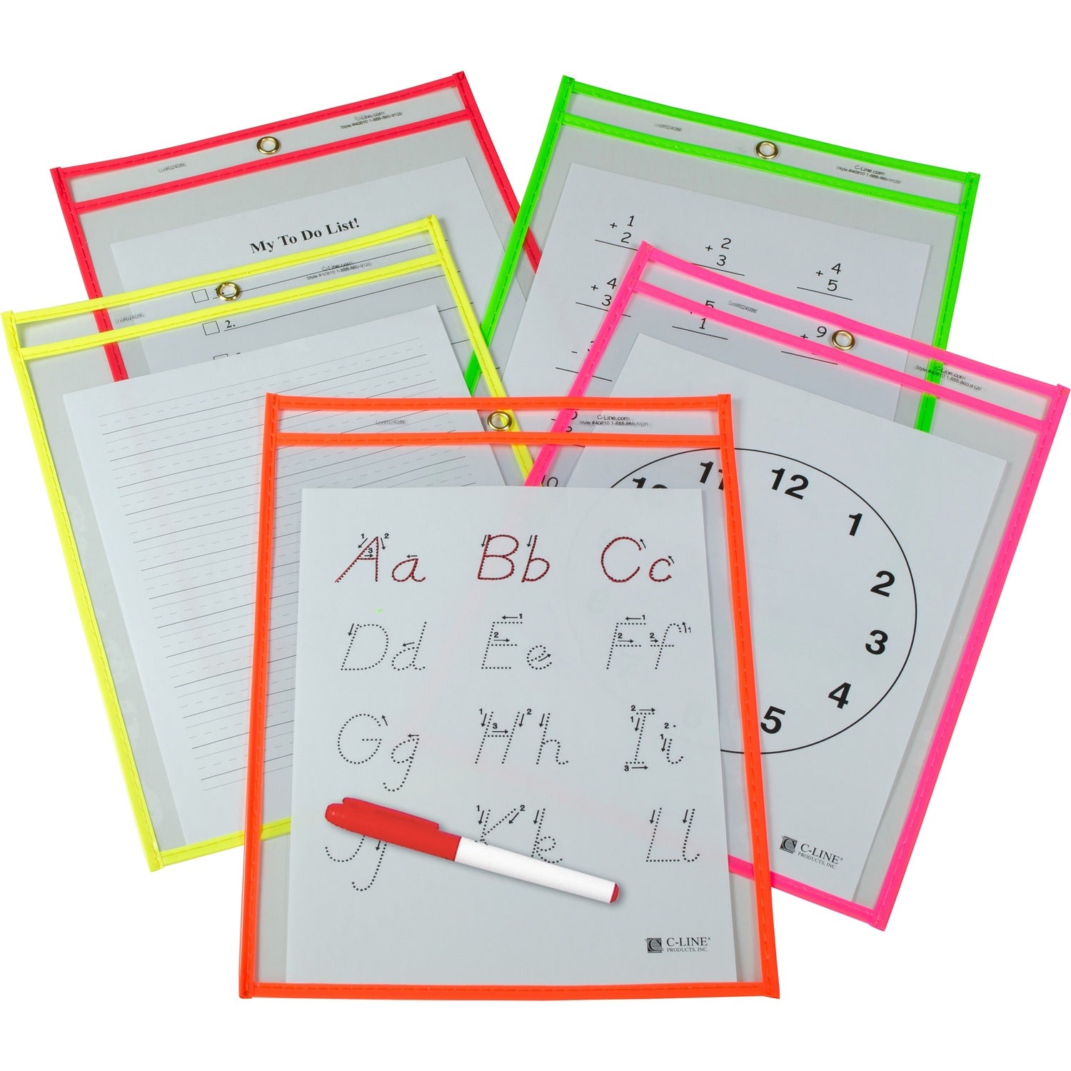 Reusable Dry Erase Pockets, 9 x 12, Assorted Neon Colors, 25/Box