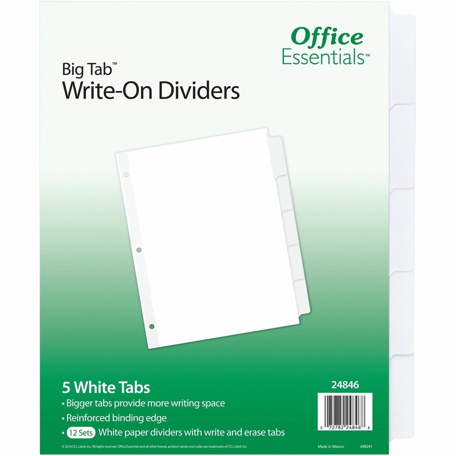 Office Essentials Big Tab Write-On Tab Dividers, 5 White Tabs, (24846)