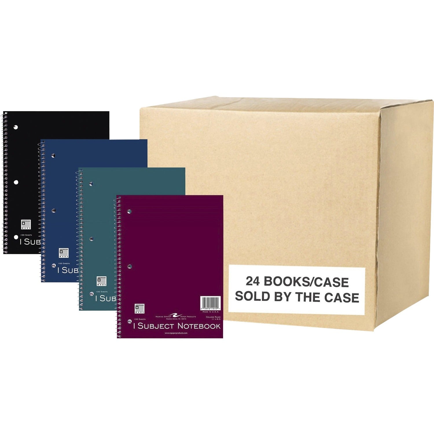 Roaring Spring College Ruled One Subject Spiral Notebook, 3 Hole Punched, 1 Case (24 Total), 11" x 8.5" 100 Sheets, Assorted Brite Colors