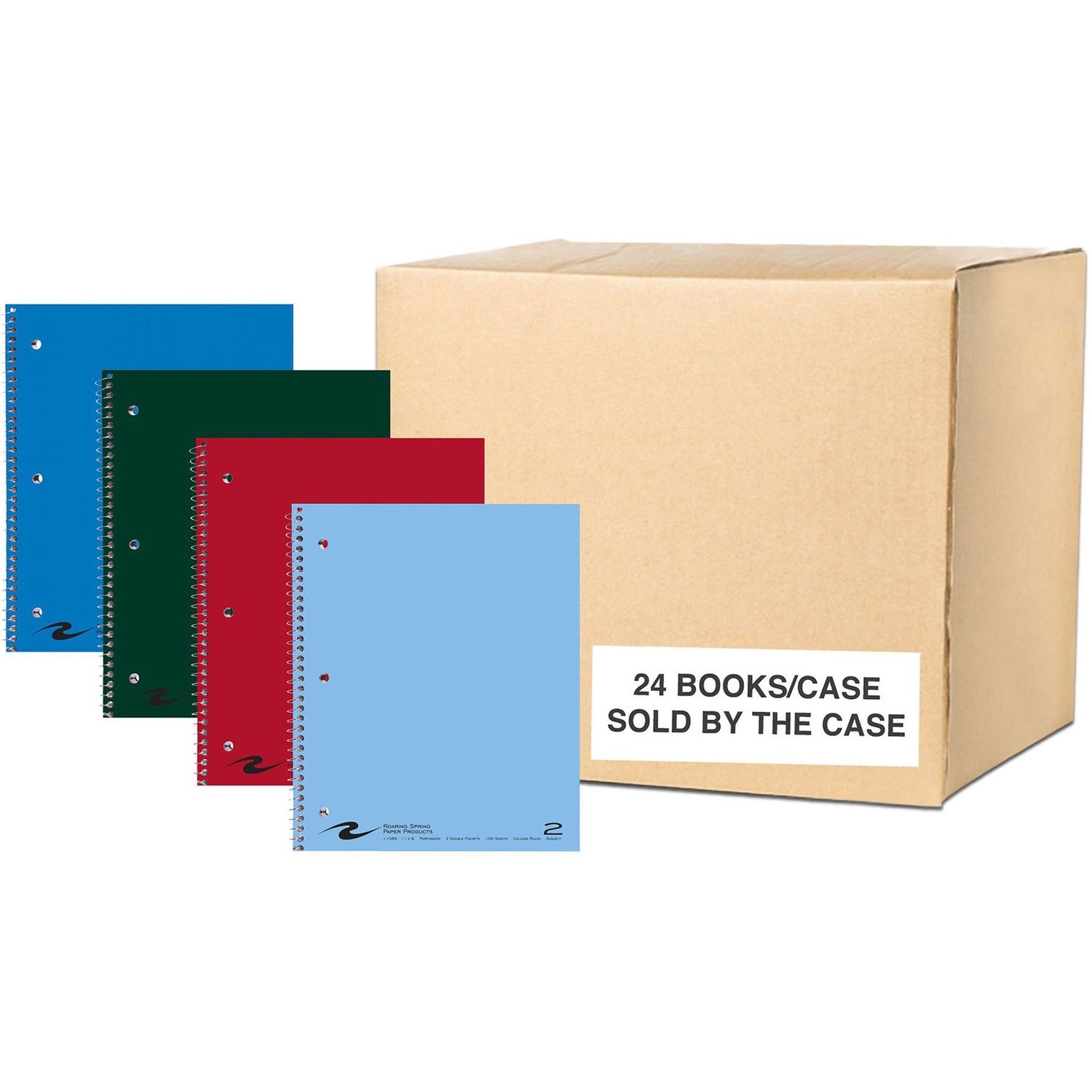 Roaring Spring College Ruled 2 Subject Spiral Notebook, Double Pockets, 1 Case (24 Total), 11" x 9" 100 Sheets, Assorted Saranac