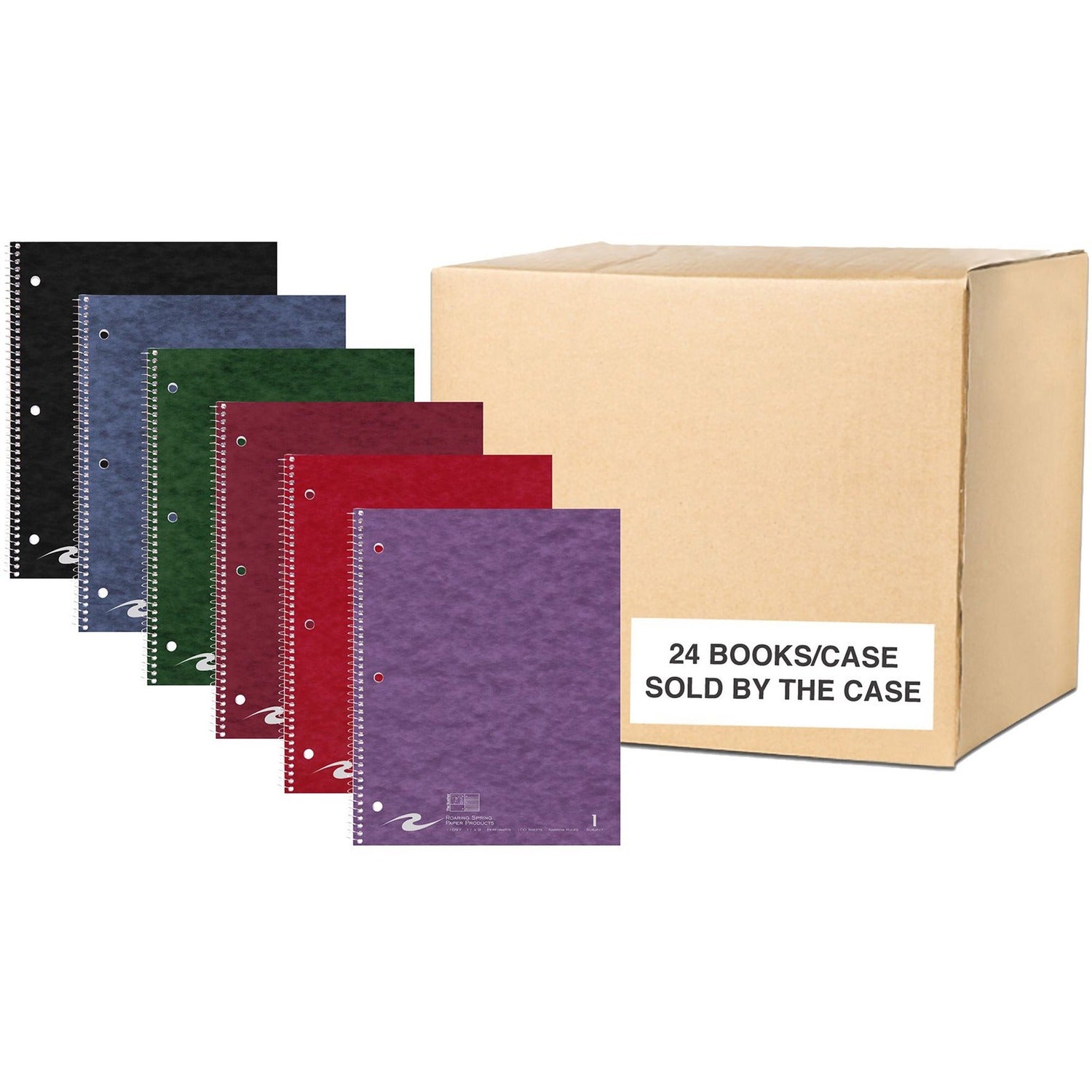 Roaring Spring Stasher Narrow Ruled One Subject Spiral Notebook, 3 Hole Punched, Cover Pocket, 1 Case (24 Total), 11" x 9" 100 Sheets, Assorted Colors