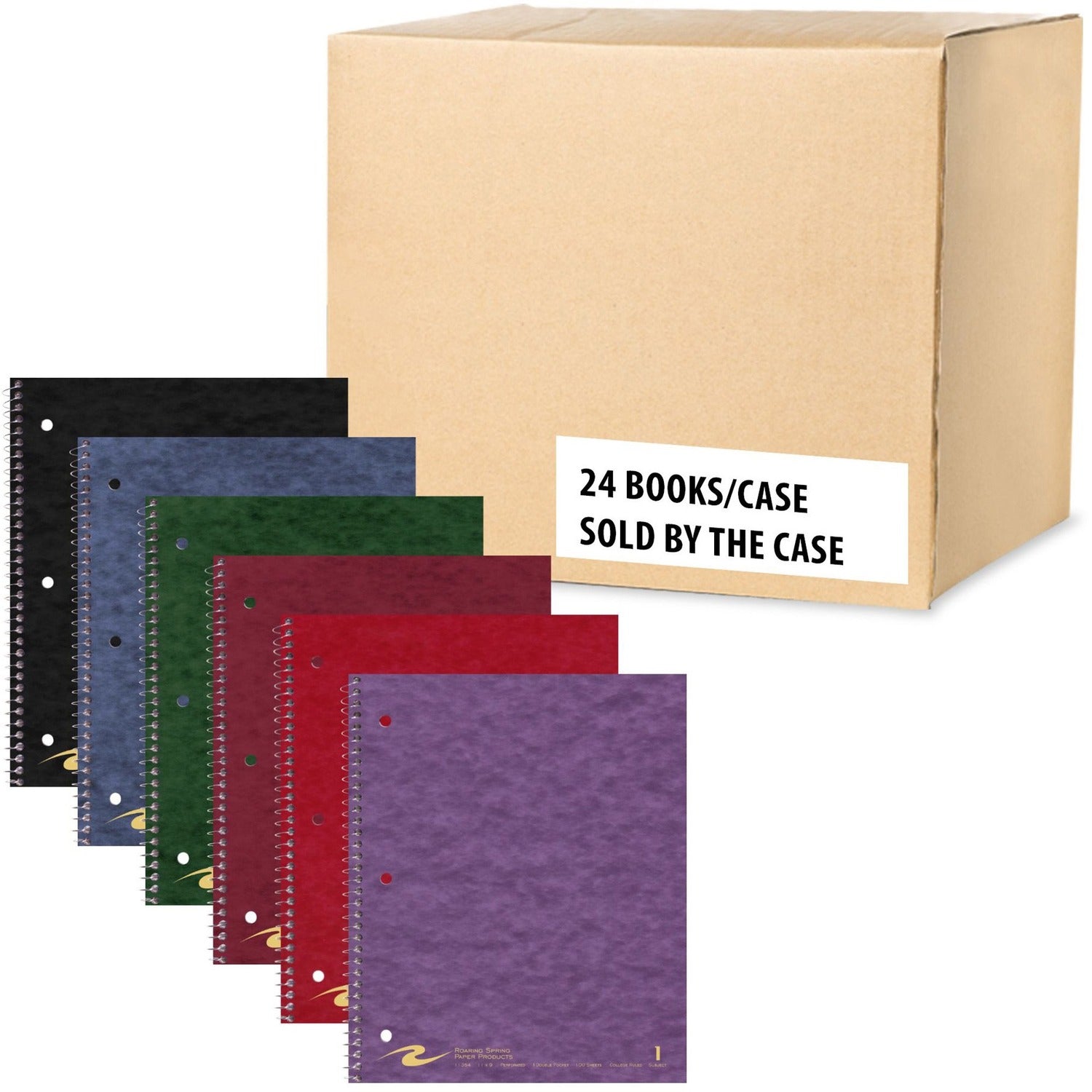 Roaring Spring College Ruled One Subject Spiral Notebook, 3 Hole Punched, Double Pocket, 1 Case (24 Total), 11" x 9" 100 Sheets, Assorted Colors
