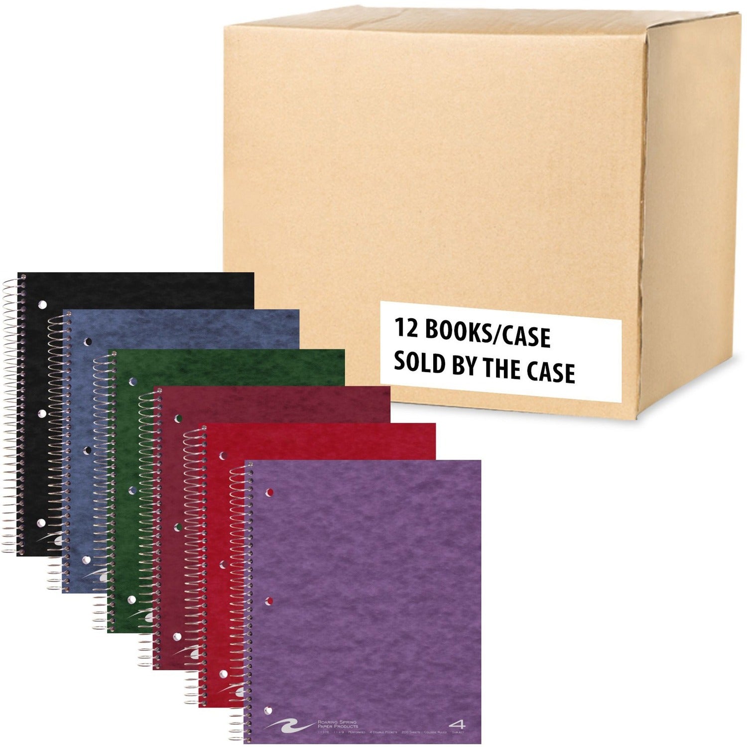 Roaring Spring College Ruled Four Subject Spiral Wirebound Notebook, 4 Double Pockets, 1 Case (12 Total), 11" x 9" 200 Sheets, Assorted Colors