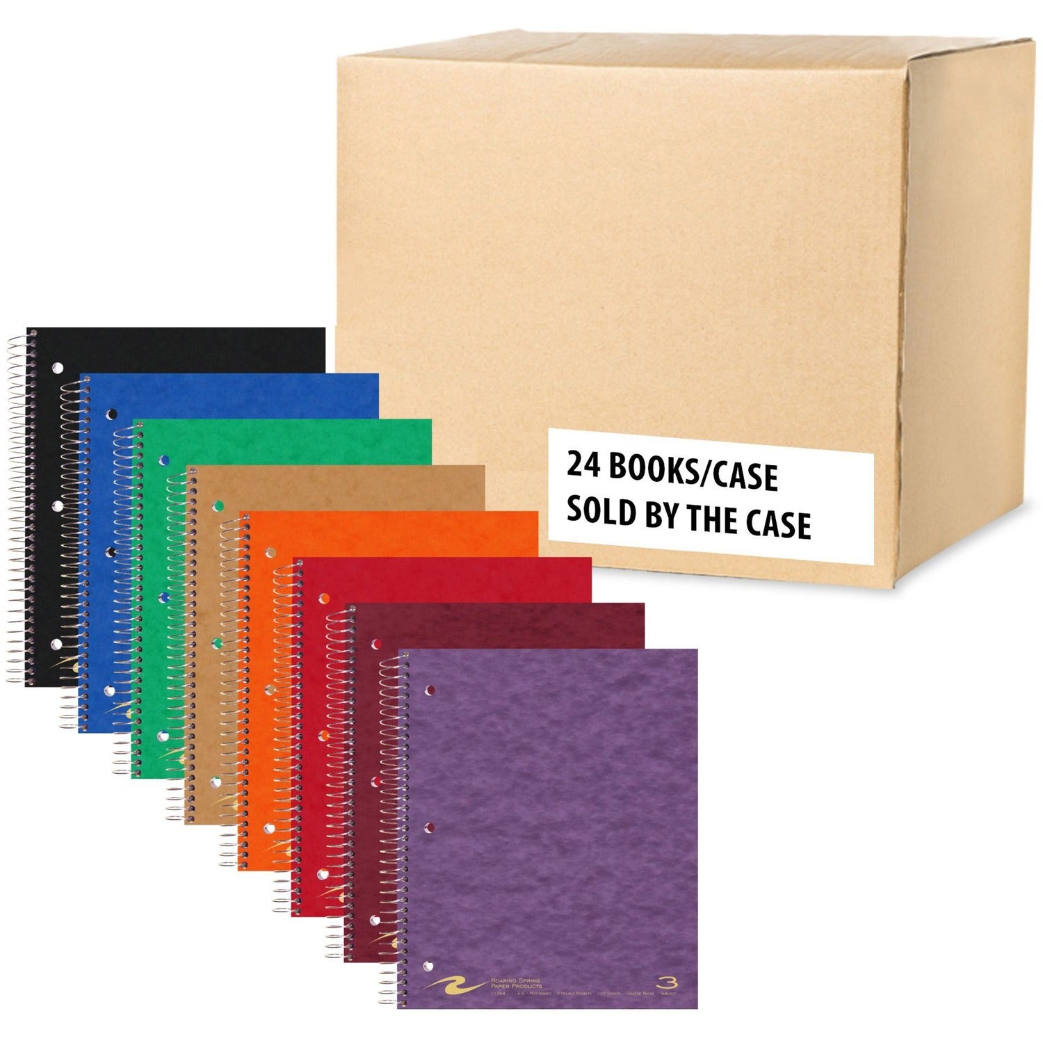 Roaring Spring College Ruled 3 Subject Spiral Notebook, Double Pockets, 1 Case (24 Total), 11" x 9" 120 Sheets, Assorted Colors
