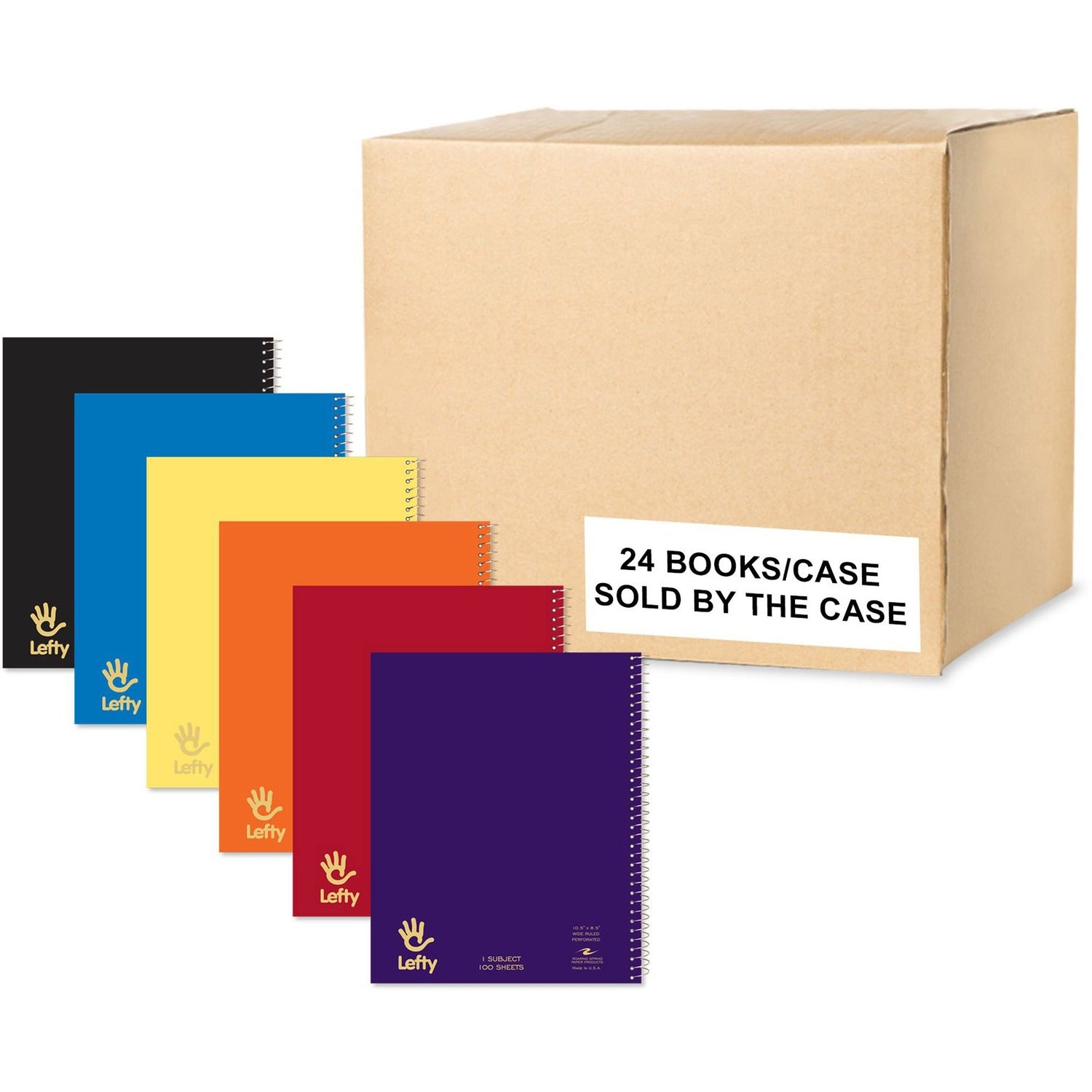 Roaring Spring Lefty Subject Wide Ruled Left Handed Spiral Notebook, 1 Case (24 Total), 10.5" x 8.5" 100 Sheets, Assorted Saranac Covers