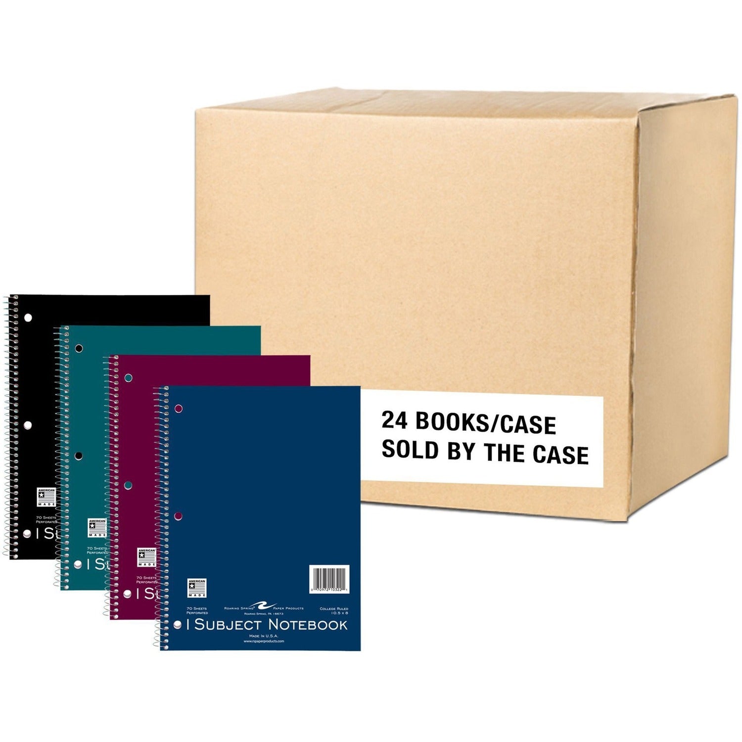 Roaring Spring College Ruled One Subject Spiral Notebook, 3 Hole Punch, 1 Case (24 Total), 10.5" x 8" 120 Sheets, Assorted Jewel Tones