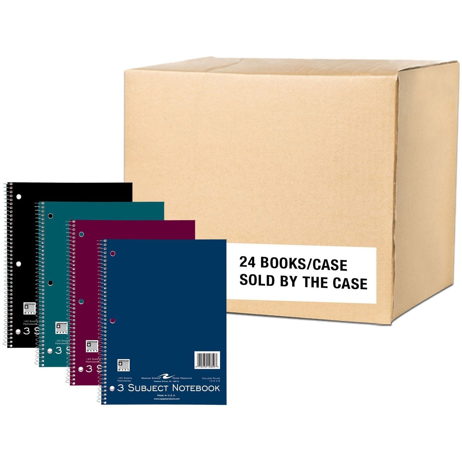 Roaring Spring College Ruled Three Subject Spiral Notebook, 3 Hole Punched, 1 Case (24 Total), 10.5" x 8" 120 Sheets, Assorted Jewel Tone Colors