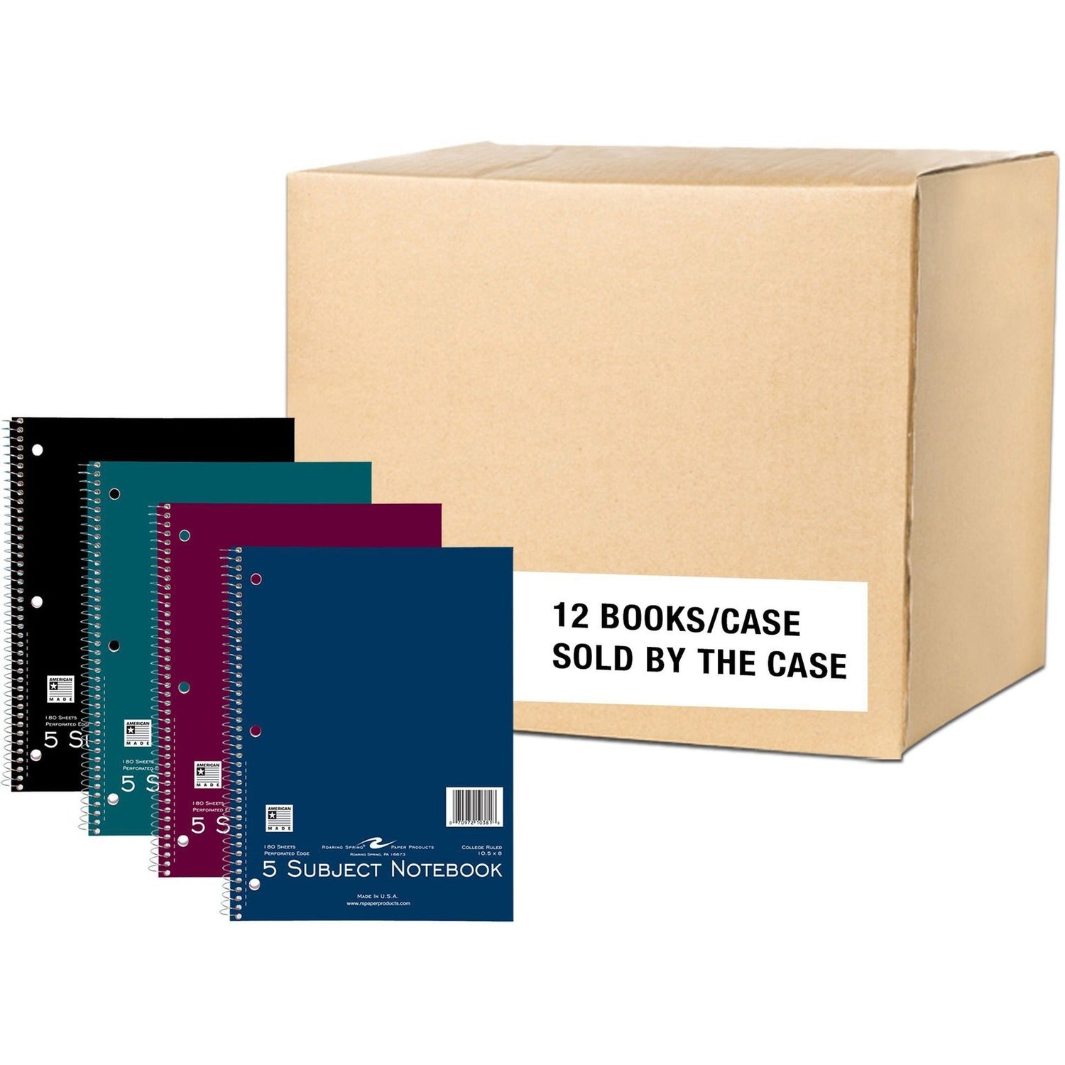Roaring Spring College Ruled Five Subject Spiral Notebook, 3 Hole Punched, 1 Case (12 Total), 10.5" x 8" 120 Sheets, Assorted Jewel Tones