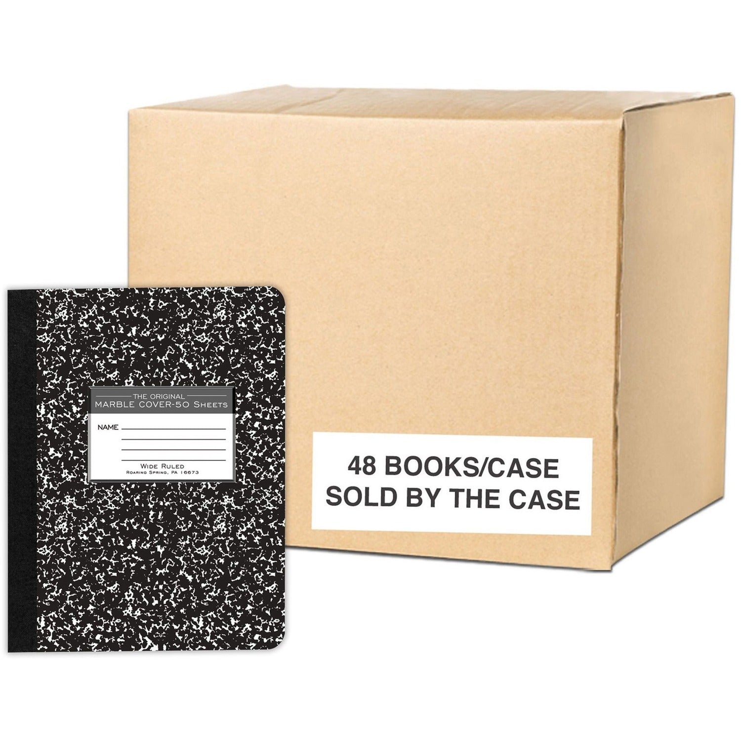 Roaring Spring Wide Ruled Hard Cover Composition Book, 1 Case (48 Total), 9.75" x 7.5" 50 Sheets, Black Marble Cover