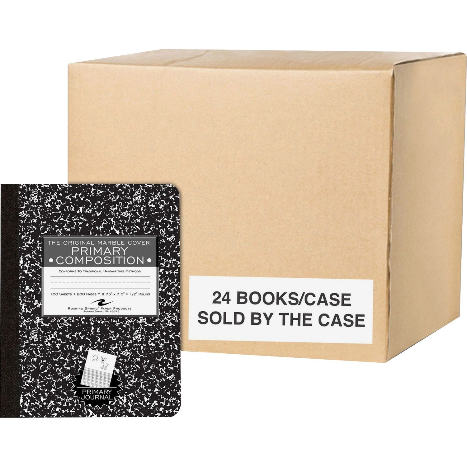 Roaring Spring Grade School Ruled Marble Hard Cover Composition Book, 1 Case (24 Total), 9.75" x 7.5" 100 Sheets, Black (Picture Story)