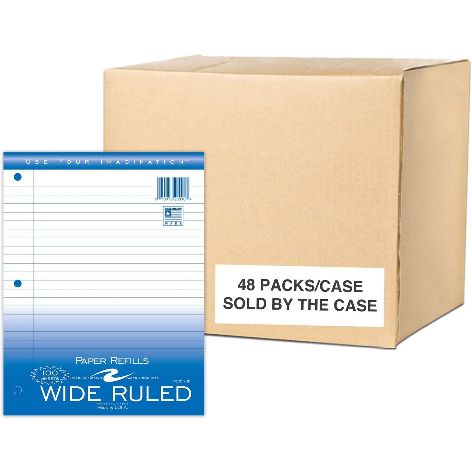 Roaring Spring Wide Ruled Loose Leaf Filler Paper, 3 Hole Punched, 1 Case (48 Packs), 10.5" x 8" 100 Sheets, White Paper