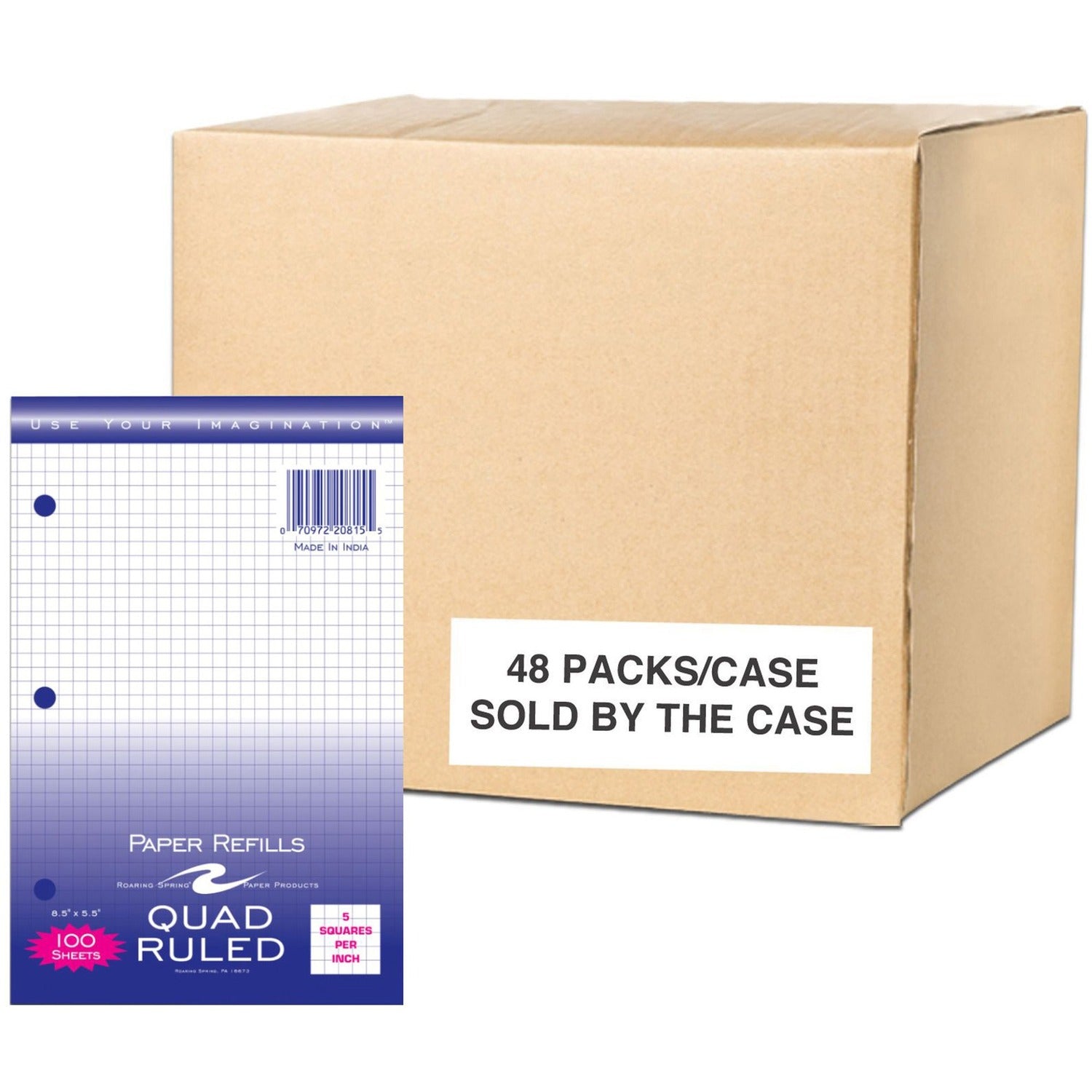 Roaring Spring 5x5 Graph Ruled Loose Leaf Filler Paper, 3 Hole Punched, 1 Case (48 Packs), 8.5" x 5.5" 100 Sheets, White Paper