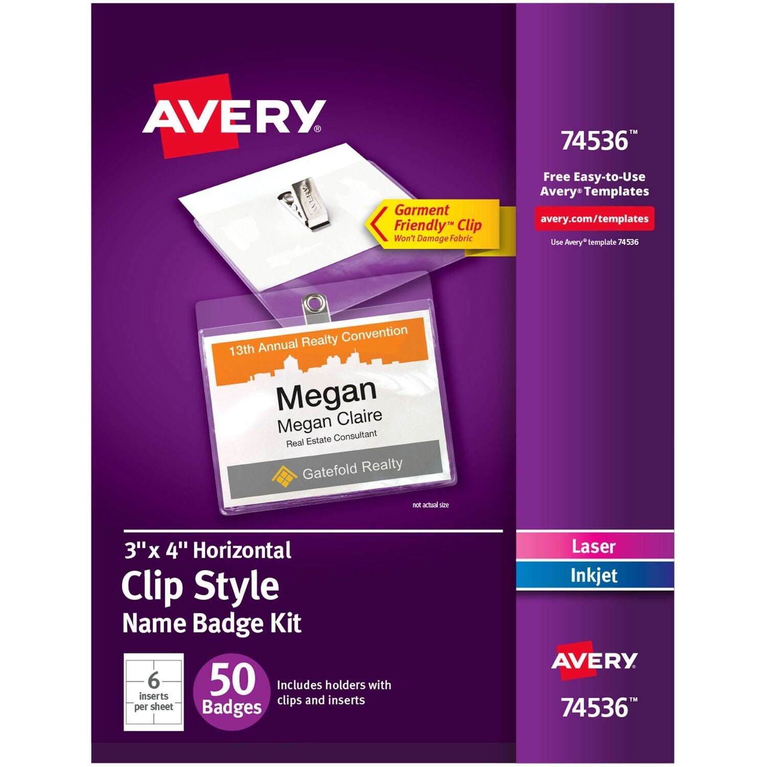 Avery Clip Name Tags, Print or Write, 3" x 4", 50 Inserts & Badge Holders with Clips (74536)
