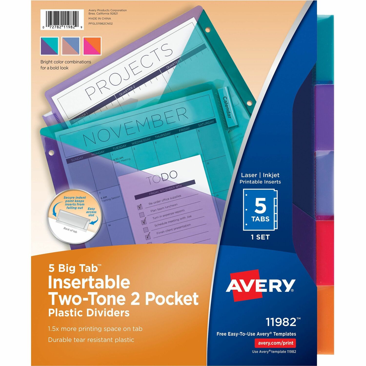 Avery Big Tab Insertable Plastic Dividers, Two-Tone, Two Pockets, 5-Tab Set, Multicolor (11982)