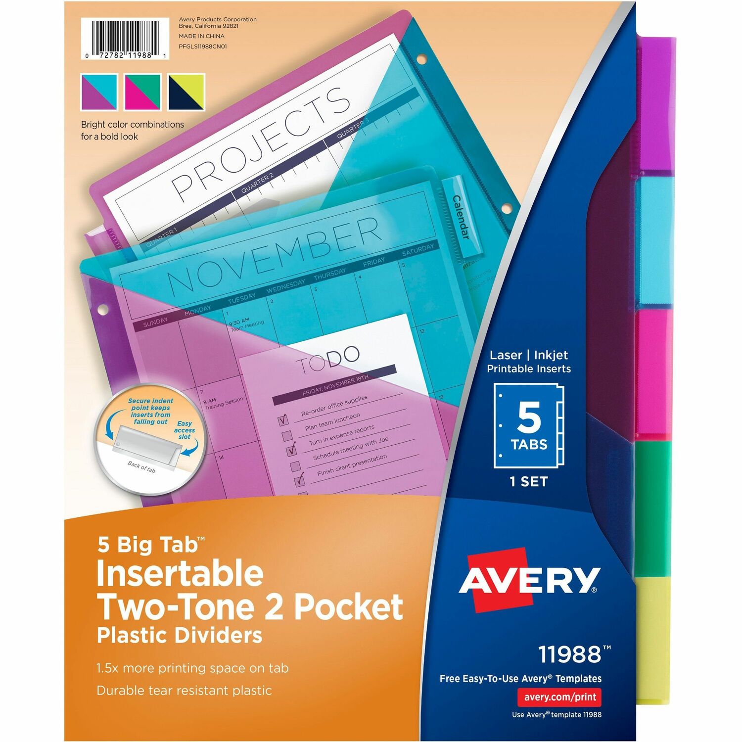 Avery Big Tab Insertable Plastic Dividers, Two-Tone, Two Pockets, 5-Tab Set, Multicolor (11988)