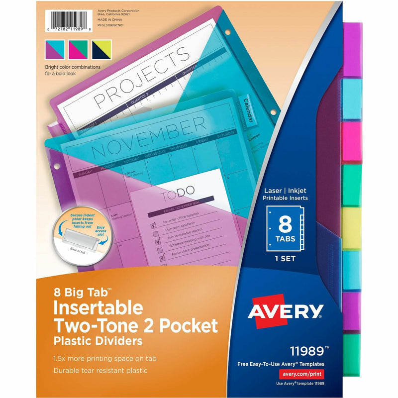 Avery Big Tab Insertable Plastic Dividers, Two-Tone, Two Pockets, 8-Tab Set (11989)