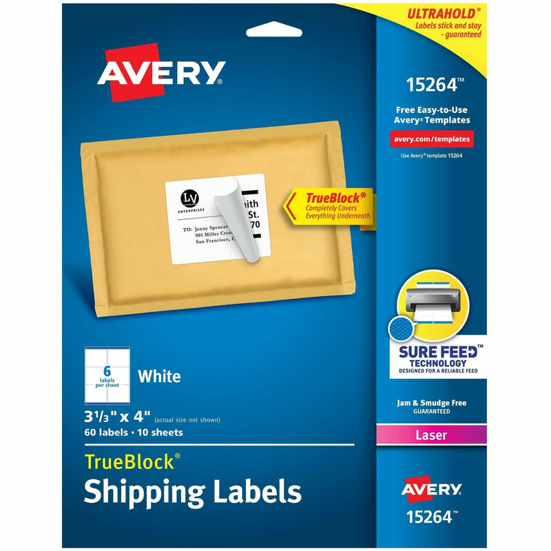 Avery TrueBlock Shipping Labels, Sure Feed Technology, Permanent Adhesive, 3-1/3" x 4", 60 Labels (15264)