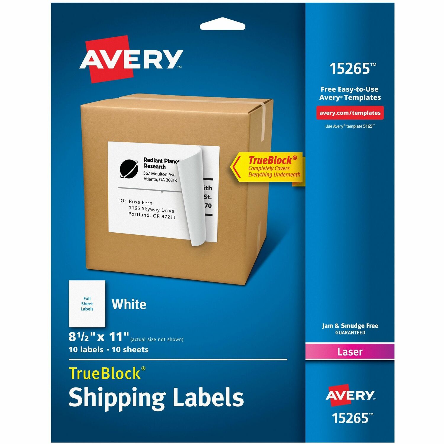 Avery Shipping Labels, TrueBlock Technology, Permanent Adhesive, 8-1/2" x 11", 10 Labels (15265)