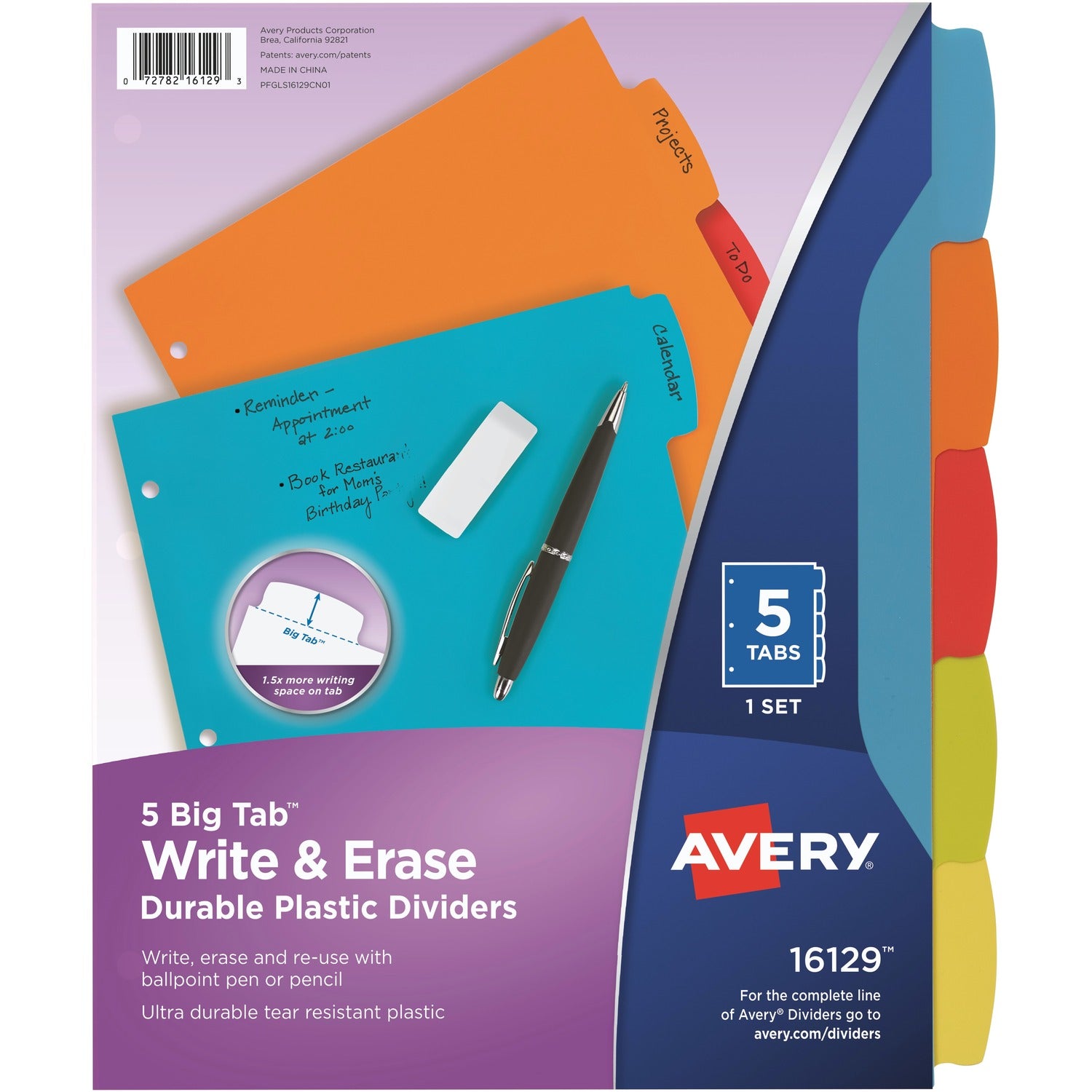 Avery Big Tab Write & Erase Durable Plastic Dividers, 5 Multicolor Tabs, 1 Set (16129)
