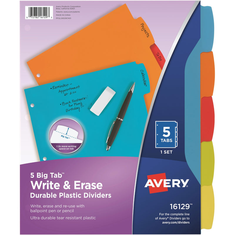 Avery Big Tab Write & Erase Durable Plastic Dividers, 5 Multicolor Tabs, 1 Set (16129)