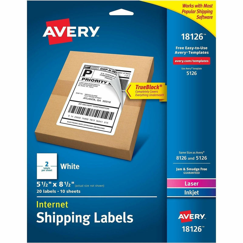 Avery Internet Shipping Labels, TrueBlock Technology, Permanent Adhesive, 5-1/2" x 8-1/2", 20 Labels (18126)