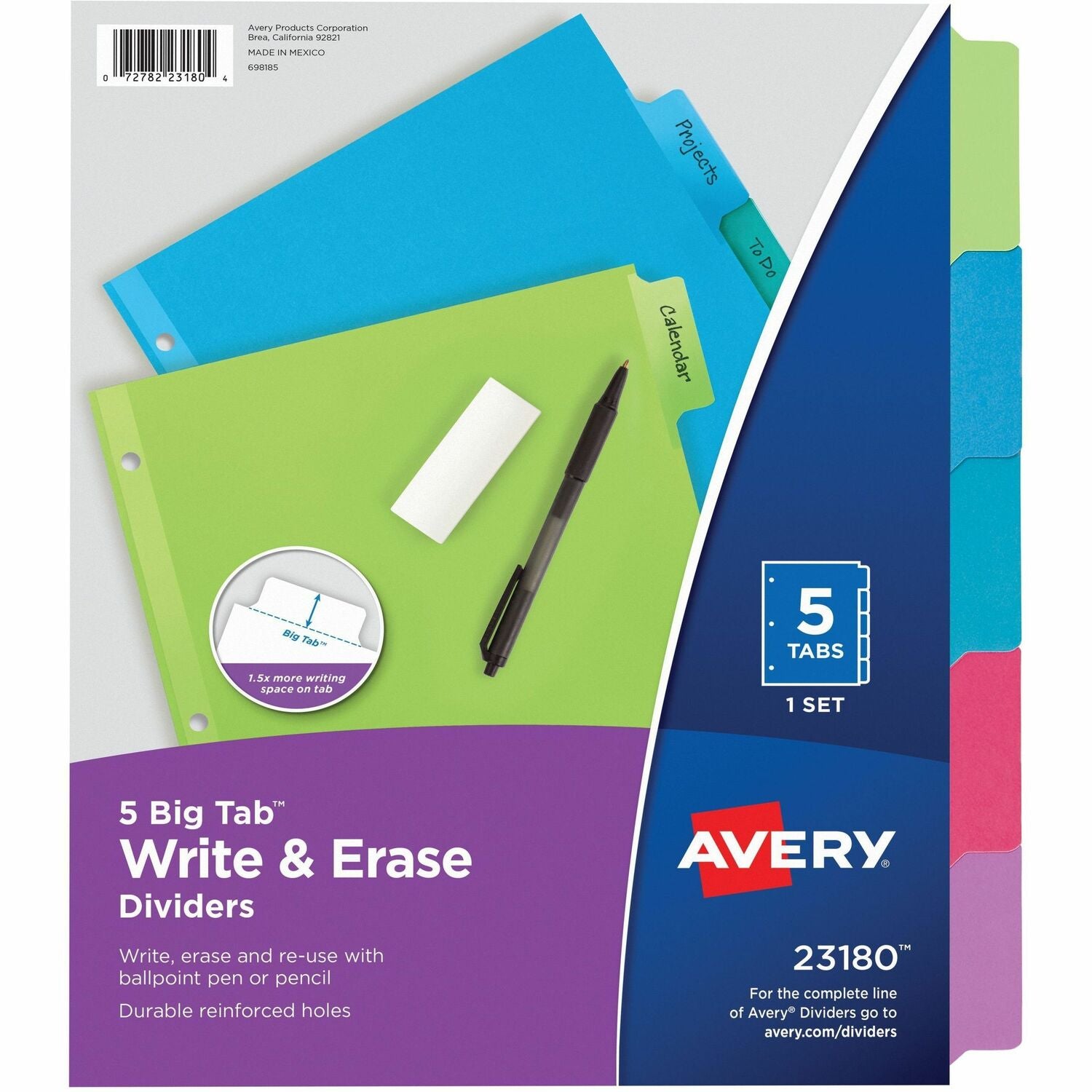 Avery Big Tab Write & Erase Dividers, 5 Multicolor Tabs, 1 Set (23180)