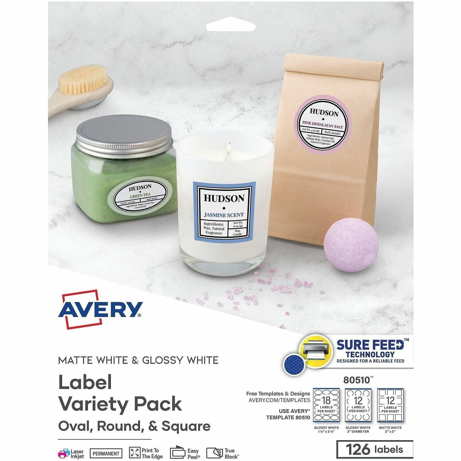 Avery Labels Variety Pack, Sure Feed Technology, Laser/Inkjet, Assorted Label Shapes, 126 Labels (80510)