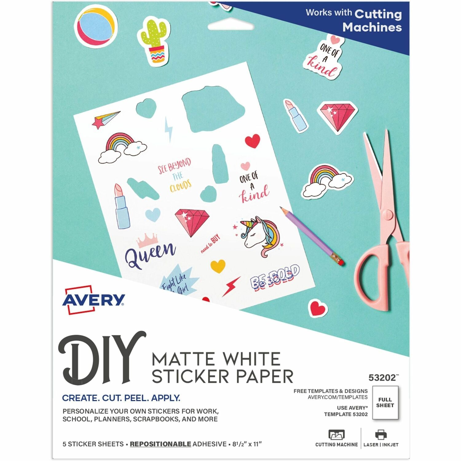 Avery Printable Sticker Paper, Matte White, 8-1/2" x 11", Inkjet Printers, 5 Sheets (53202)