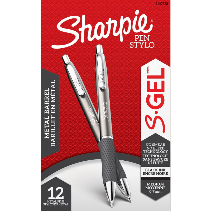 S-Gel Premium Metal Barrel Gel Pen, Retractable, Medium 0.7 mm, Black Ink, Gun Metal Gray Barrel, Dozen