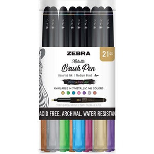 Zebra Pen Brush Pen Single Ended Metallic Assorted 21Pc Cup Display