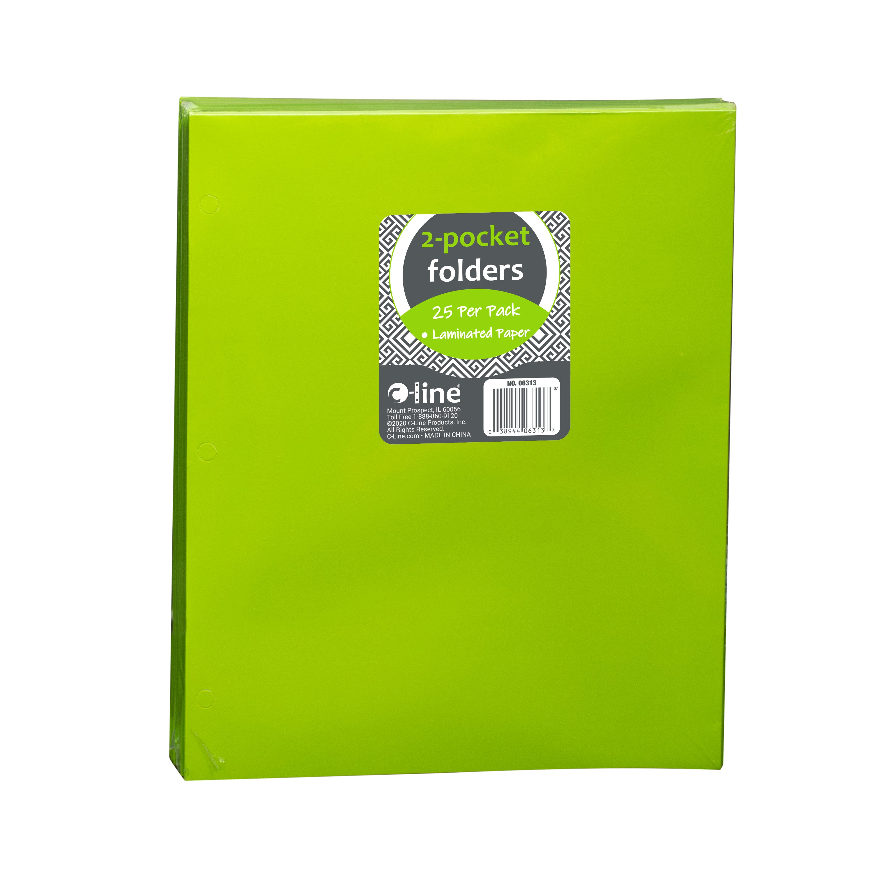 Laminated two-pocket paper portfolios, non-prong with three-hole punch, green, 25/PK