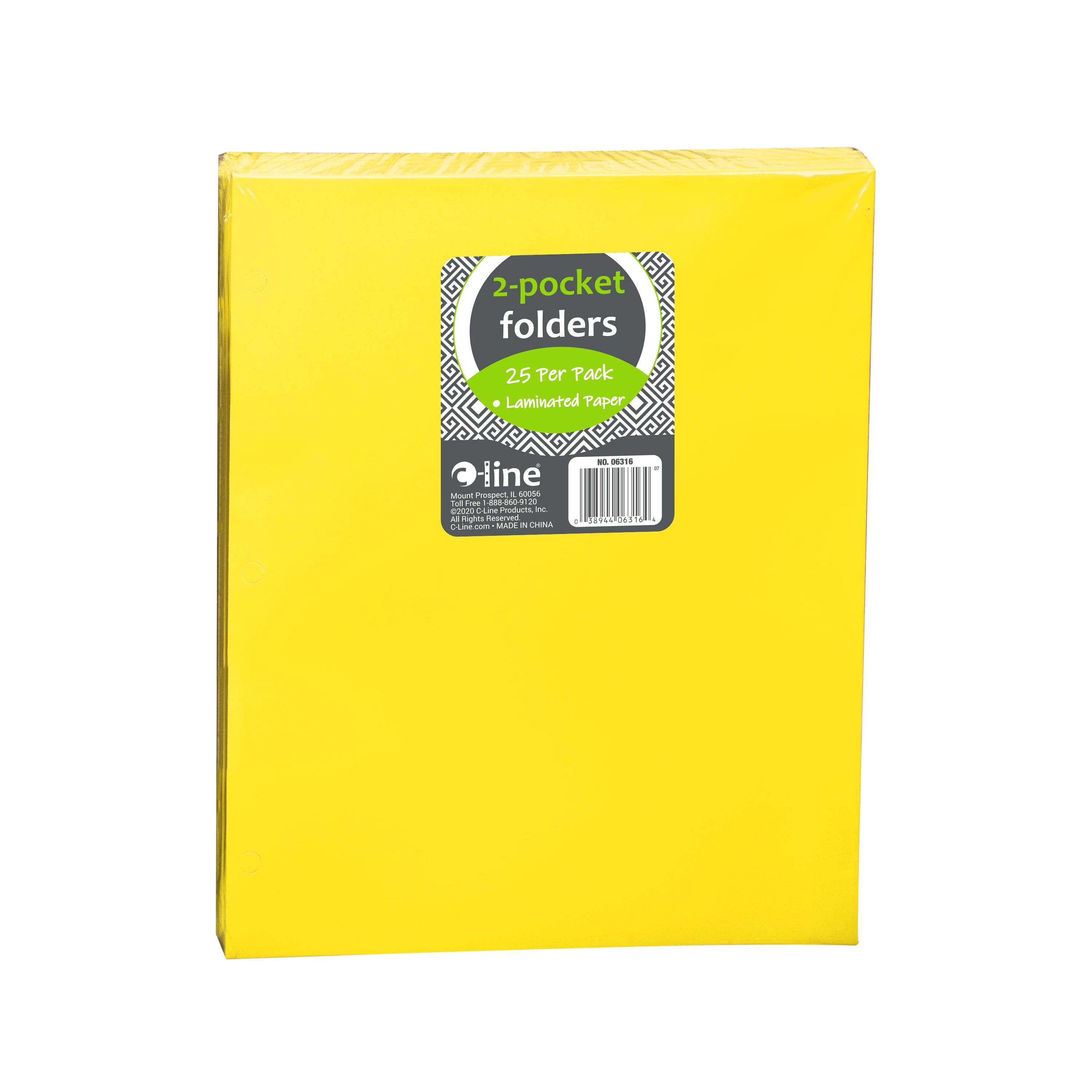 Laminated two-pocket paper portfolios, non-prong with three-hole punch, yellow, 25/PK