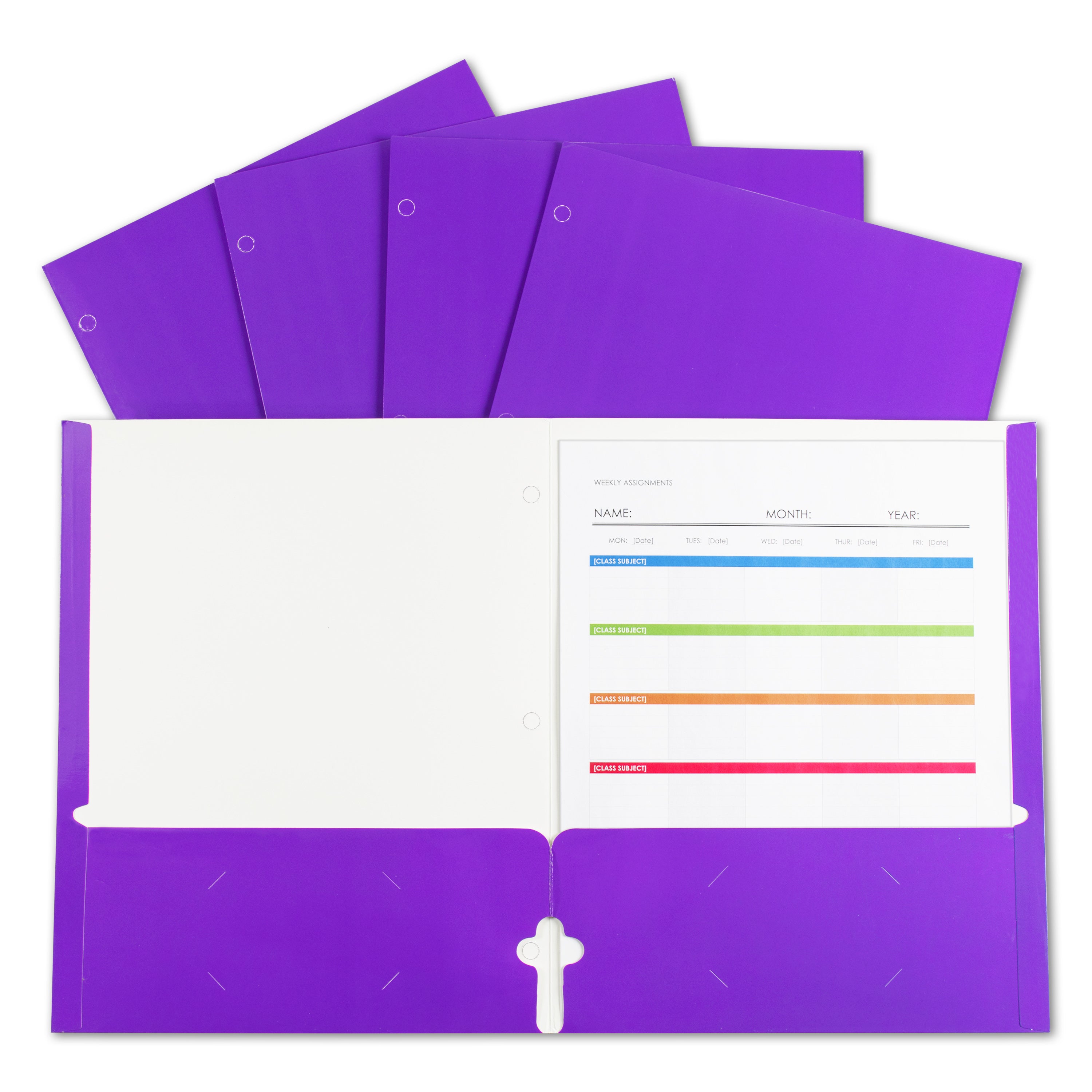 Laminated two-pocket paper portfolios, non-prong with three-hole punch, purple, 25/PK