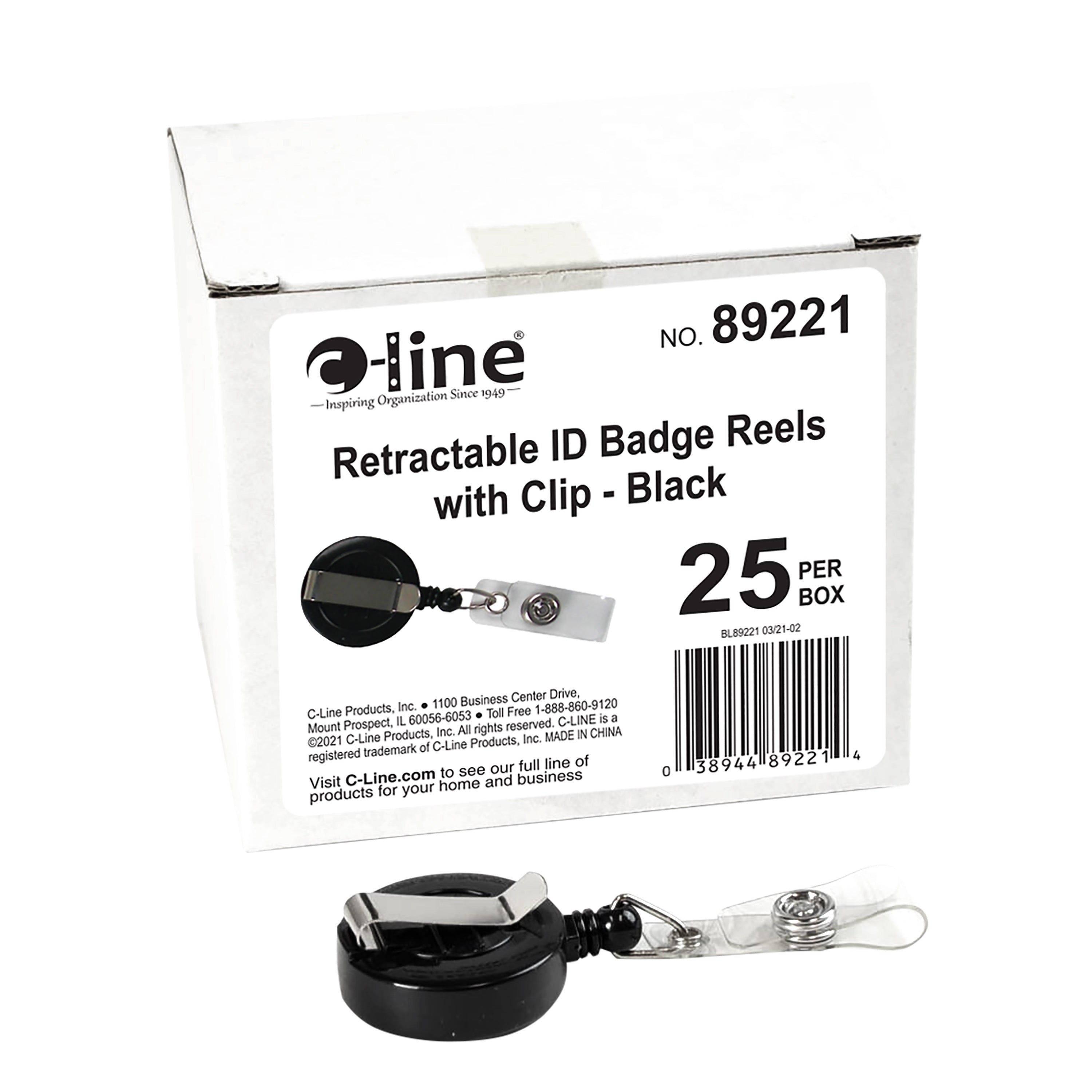 Retractable ID card reel, 30", black, belt clip, 25/BX